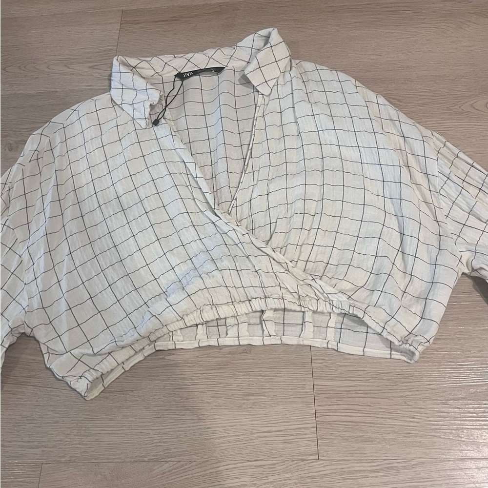 Zara Plaid Cropped Wrap Collar Top Size Large - Picture 11 of 14